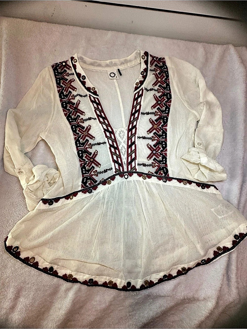 Anthropologie Embroidered Geometric Cream & Red Tunic